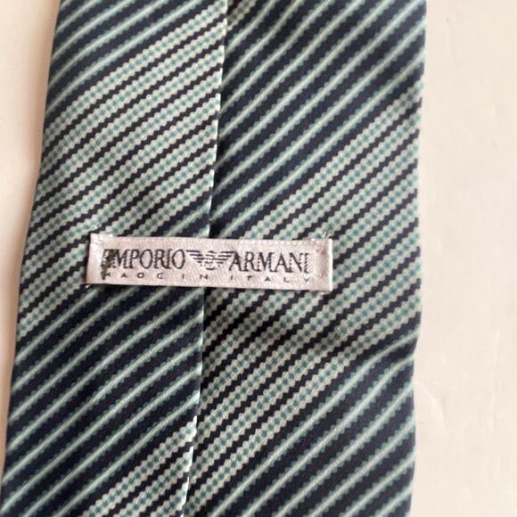 Emporio Armani Silk Tie Green & Blue Striped Made in Italy Career Designer - Picture 2 of 4
